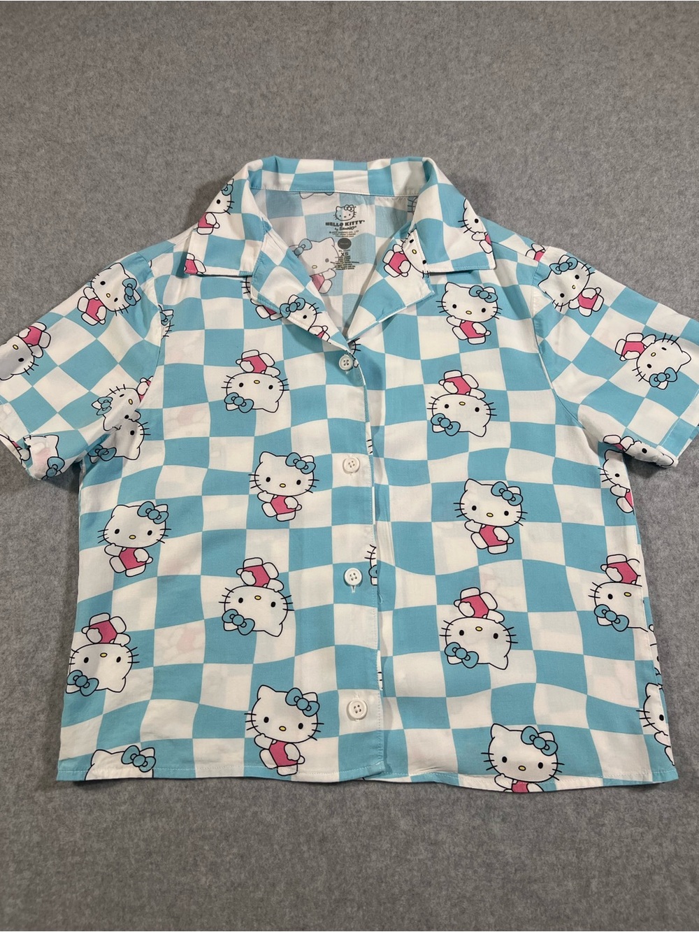 Hello Kitty Blue & White Checkerboard Button-Up Shirt